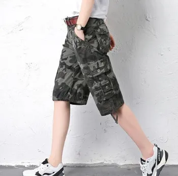 Mulheres de Verão Casual Camuflagem Shorts para as Mulheres de Algodão Solto Carga Shorts de Comprimento de Joelho Camo Curto Calças com Bolsos Multi
