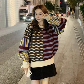 mulheres jumper 2021 coreano moda versão retro contraste de cor lenta irregular pulôver listrado vintage camisola de Harajuku
