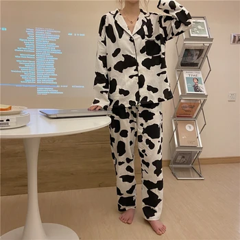 mulheres pijama conjunto de virada para baixo de gola tops, calças de pijama em casa roupas 2 pcs mikl vacas imprimir desenhos de conjunto de roupa de dormir de algodão