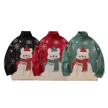 Natal Vestuário dos Homens Camisola Tamanho Grande Camisola de Gola alta coreano de Malha Frouxa Pulôver de Estilo Unissex Bordado Camisola Nova