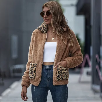 Novo Outono cordeiro de lã casaco de mulheres Patchwork leopard zíper confortável casaco de Lã de Alta rua Casual em*
