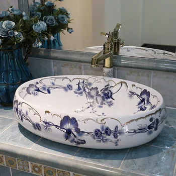Oval da casa de Banho de Cerâmica, Lavabo a bancada lavatório Bengaleiro, Pintados à Mão, Dissipador da Embarcação pia do banheiro pia azul e branco