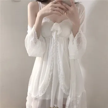 Pijamas Mulheres Sexy Vestido Branco Vestido De Fada Definir Mulher 2 Peças Camisola Princesa De Renda Camisola De Malha Elegante, Doce, Simples