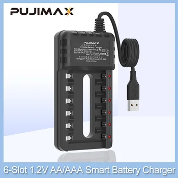 PUJIMAX Saída USB, 6 Slots de Carregamento Rápido Carregador de Bateria Inteligente Proteção contra Curto-Circuito Para AAA/AA Bateria Recarregável Portátil