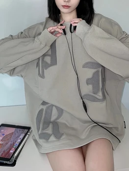 QWEEK Harajuku Capuz Mulheres Letra Gótica Bordado coreano Moda Solta Suéter Casaco Oversized Kpop Camiseta Manga Longa