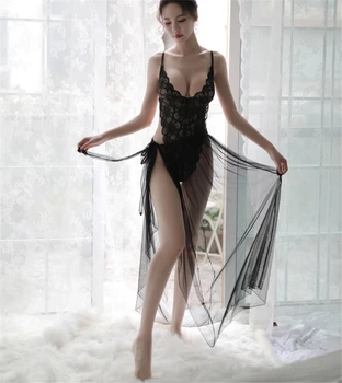 Senhoras Perspectiva Elástica de Alta Gelo Seda Maiô Sexy Macacão de Seda com Saia Para o Sexo Paixão Fino Transparente Bodysuit