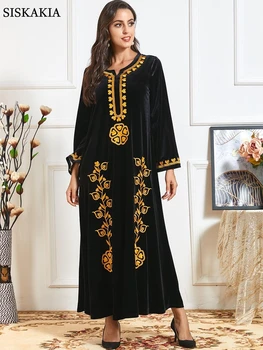 Siskakia Vestido de Inverno Folga Grosso Veludo Floral Bordado com fio de Ouro O Pescoço Longo da Luva Looose Casual árabe Maxi Vestidos