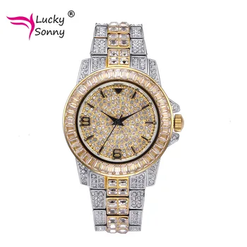 Sorte Sonny Novos Homens Relógios de Homens de Diamantes Baguette Homens do Relógio Marca de Luxo Homem Relógio de Ouro 18K Impermeável Relógio de Quartzo de Pulso