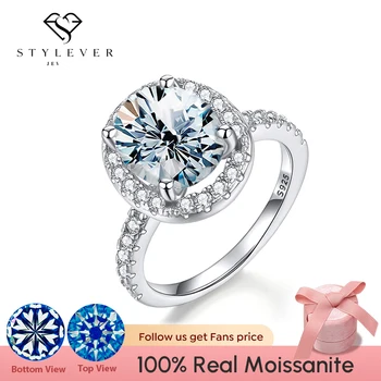 Stylever de Luxo 3CT Moissatine Diamante de Casamento Noivado Oval Anéis Halo para as Mulheres Original 925 Prata Esterlina Jóias Finas