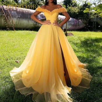 SuperKimJo Amarelo de Baile, Vestidos de Vestes De Cocktail 3D Flor de Uma Linha de Tulle Baratos Simples Vestido de Baile Vestido Festa Luxo