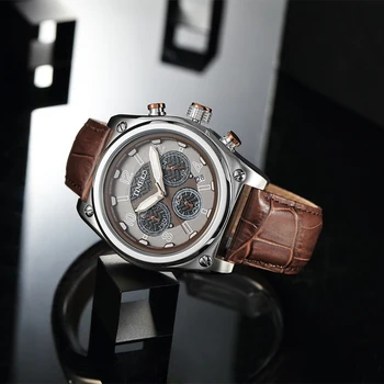 TIME100 Homens relógio Multifuncional Esporte Casual Relógios de Quartzo Pulseira de Couro Cronógrafo Militar Relógio de Pulso dos Homens reloj hombre
