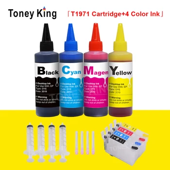 Toney Rei T1971 Cartucho de Tinta Recarregável para Epson EXPRESSION XP-101 201 211 401 204 104 Impressora+ 4 Cores Frasco de 100ml Tinta Corante