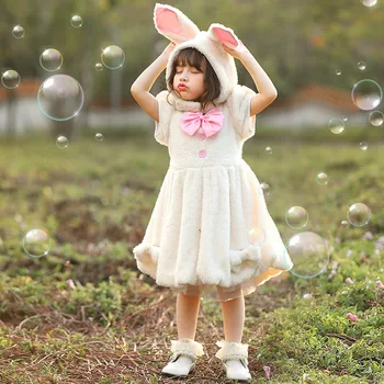 Traje de Halloween para Crianças Etapa Traje Branco Bonito Lindo Vestido de Princesa Isquete Coelho Orelhudo