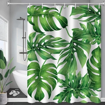 Tropical de Folhas Verdes de Plantas Longa Cortina de Chuveiro com Ganchos Banheira de Banho Decoração Duschvorhang Impermeável Bed Bath and Beyond