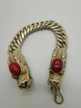 Velho Chinês, Tibetano Prata Incrustada vermelho jade esculpidas à mão, cabeça de Dragão Pulseira