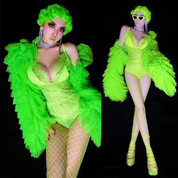Verde-fluorescente de Renda Body Drag Queen Trajes Retro Mangas Puff Sexy Rave Roupa de Boate Gogo Dancer Traje DNV15155