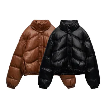 Zach AiIsa de outono e de inverno, moda de contador de qualidade de manga comprida, curta soltas couro sintético texturizado casaco de algodão
